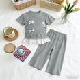 thumbnail image 4 of SGFCWSX Girls 2 Piece Outfits Bow Lace Hem Short Sleeve Tops Wide Leg Capri Pants Summer Casual Clothes Set Gray Size 2T, 4 of 9