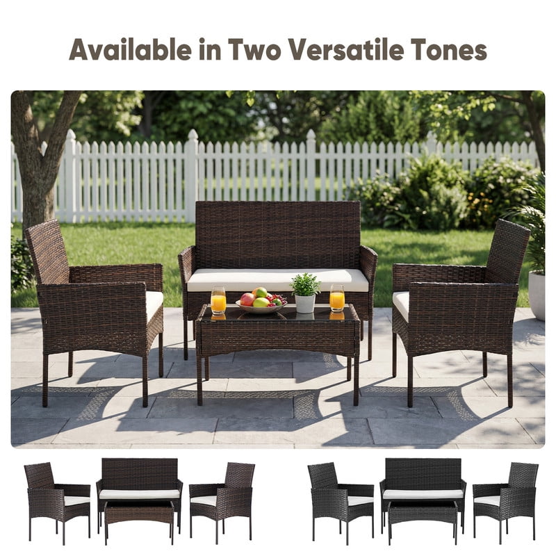 Gianna 4-Piece Patio Furniture Set, Outdoor Wicker Rattan Chairs with Removable Cushion & Glass Table, Conversation Furniture for Porch, Garden, Backyard, Poolside - Brown