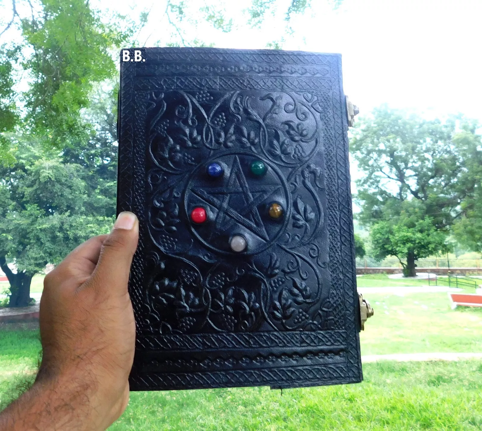 Handcrafted Embossed Vintage Design Leather Bound Journal Diary Healing Obsidian Stone Blank Notebook For Men & Women