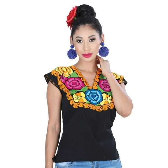 Artisanal Embroidered Blouse 100% Cotton Black/Orange 601404