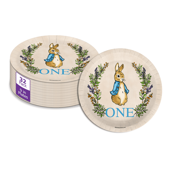 Peter Rabbit Boy's First Birthday - 32 Piece Disposable Party Supplies - Decorations for Bunny 1st Birthday Round Party Plates - Large 9" Paper Plates In Bulk
