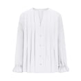 thumbnail image 5 of UQJfacai Womens Cotton Linen Tops Summer Casual Pleated Button Down Shirts Ruffle Long Sleeve V Neck Peplum Blouses S-2XL, 5 of 8