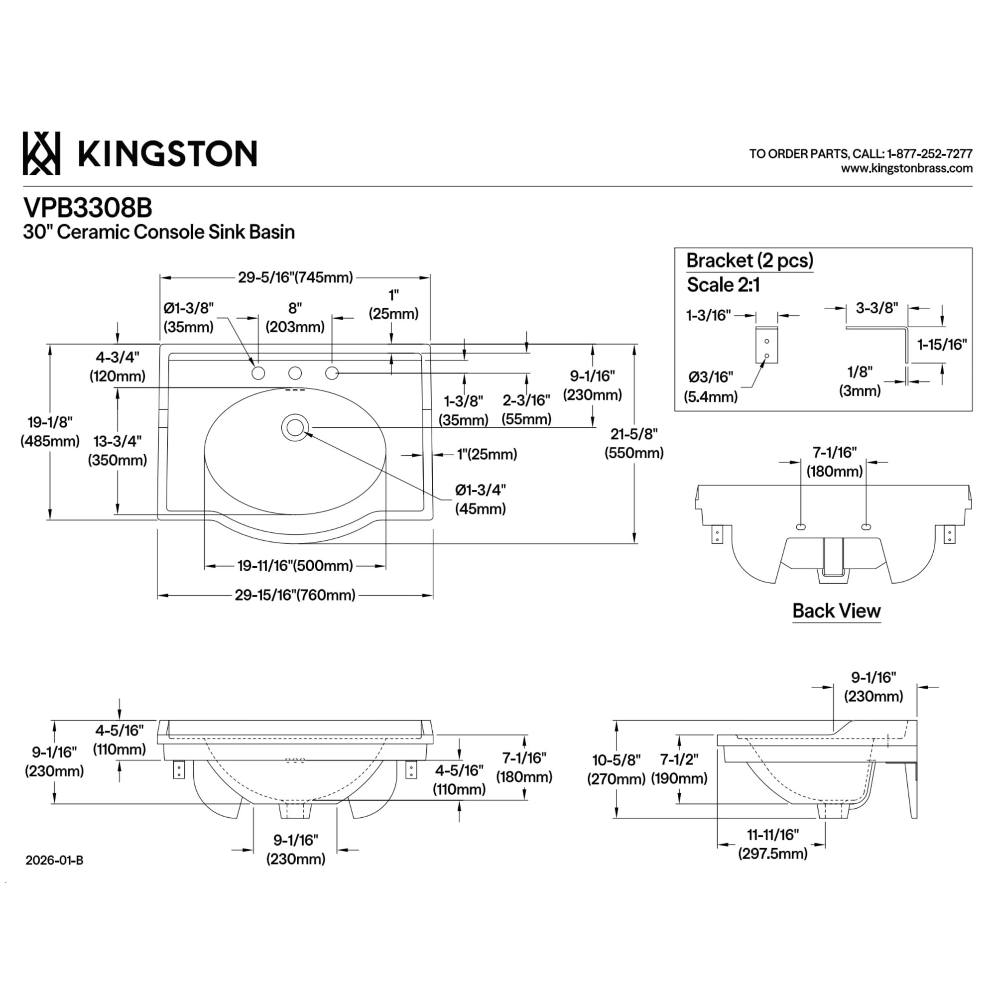 Kingston Brass VPB3308B Victorian 30-Inch Ceramic Console Sink (8-Inch, 3-Hole) in White