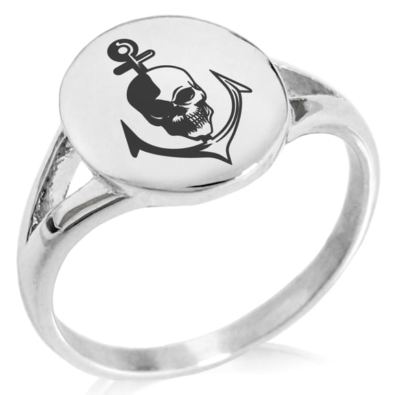Stainless Steel Nautical Anchor & Skull Minimalist Oval Top Polished Statement Signet Ring