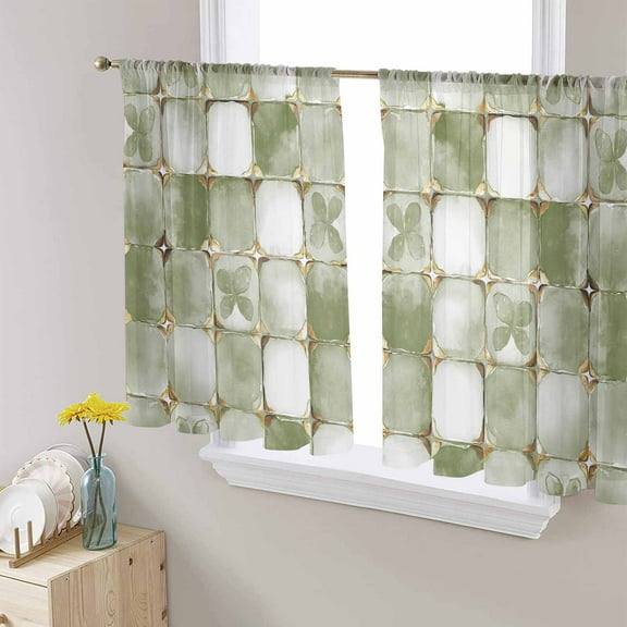 Sage Green Geometric Sheer Curtains 54 Inches Length 2 Panels Set, Window Sheer Curtains for Living Room/Bedroom, Modern Abstract Art Botanical Light Filtering Rod Pocket Curtain 52'' x 54'' x 2
