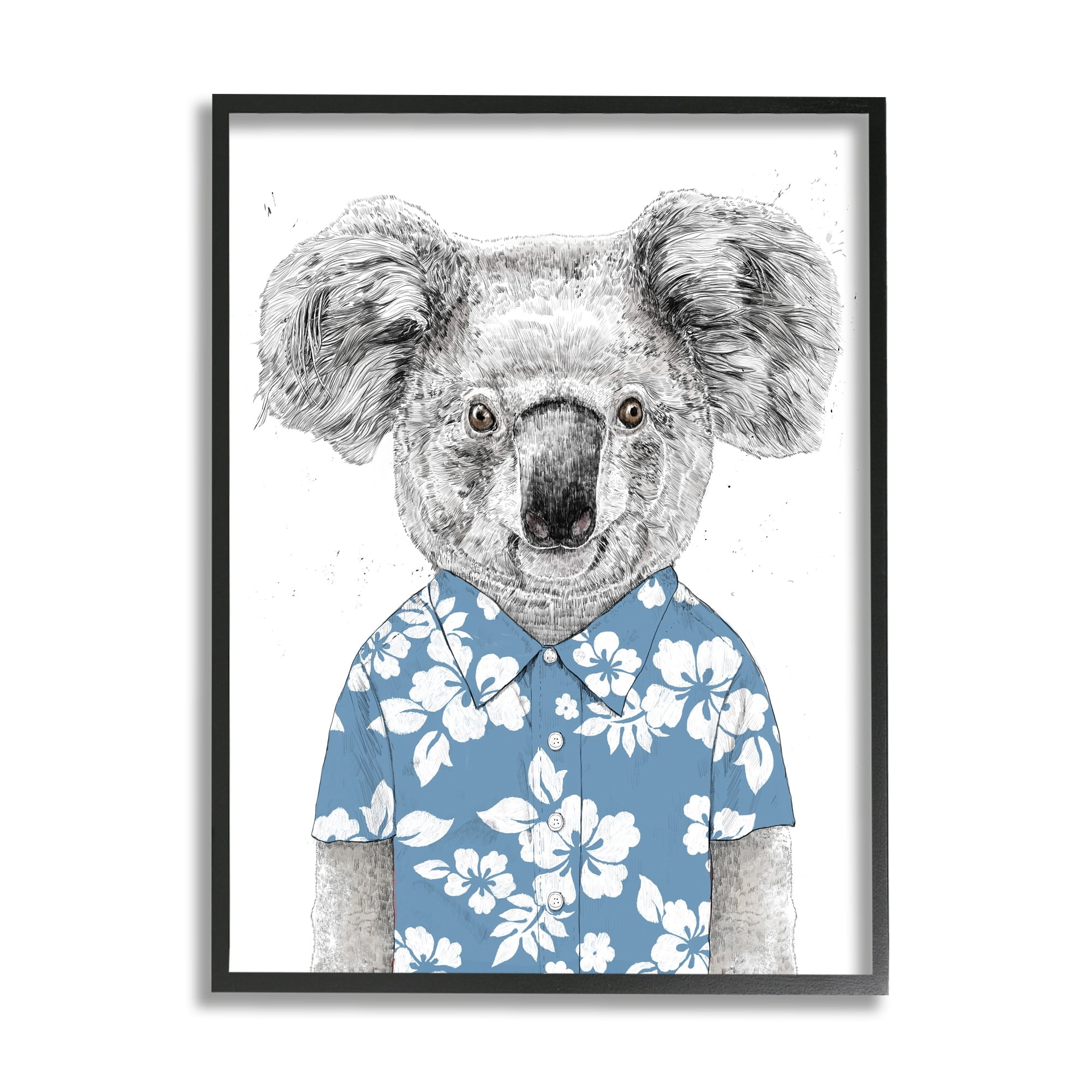 Stupell Industries Monochrome Koala Blue Aloha Shirt Hibiscus Botanicals Framed Wall Art, 24 x 30, Design by Balazs Solti
