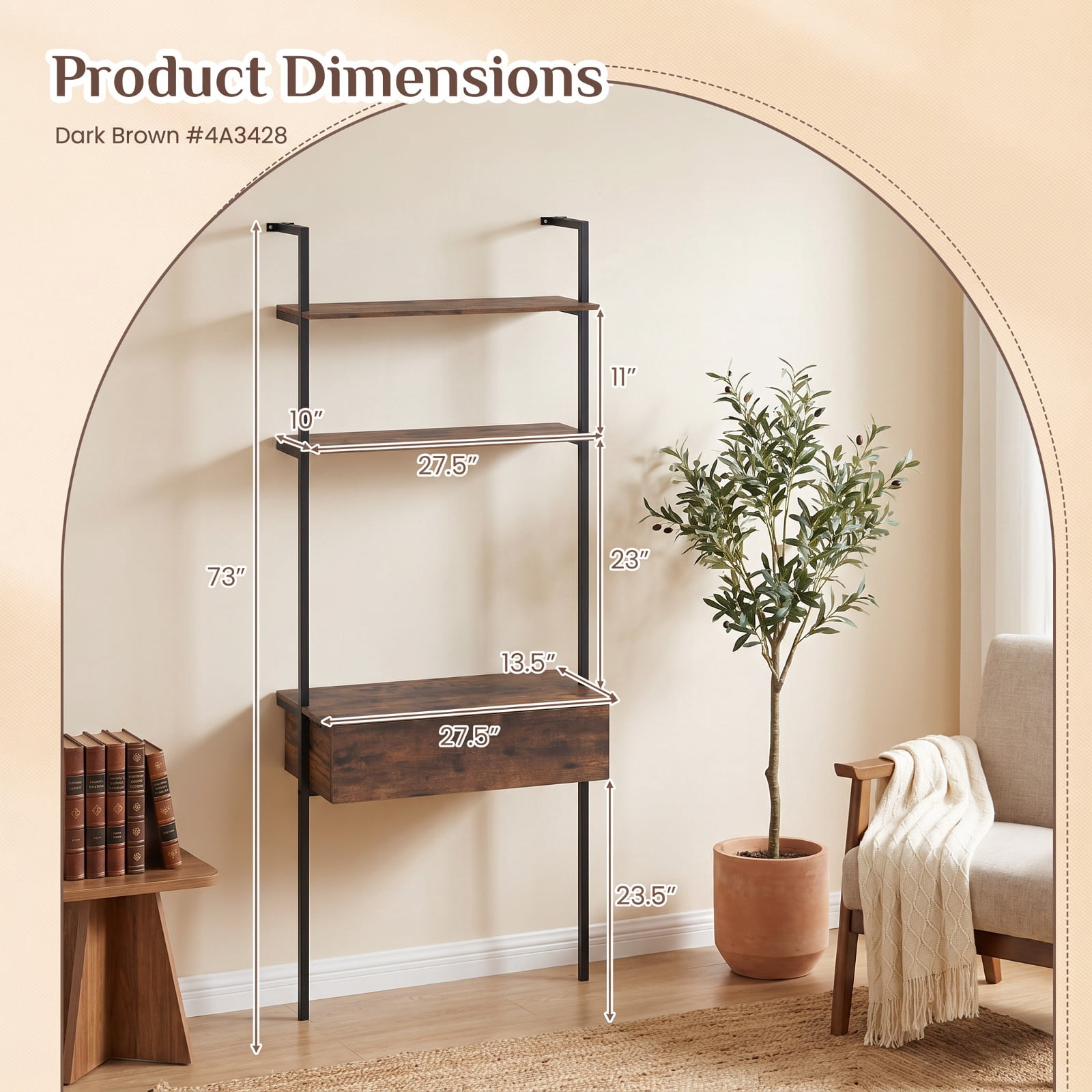 Furnibear 4-Tier Ladder Bookshelf with Drawer and Metal Frame for Living Room for Living Room Home Office Bedroom Display Storage Shelf, Rustic Brown