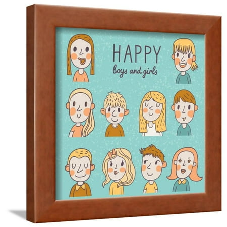 Happy Boys and Girls in Vector Set. 10 Different Cartoon Faces in Funny Style. Framed Print Wall Art By smilewithjul