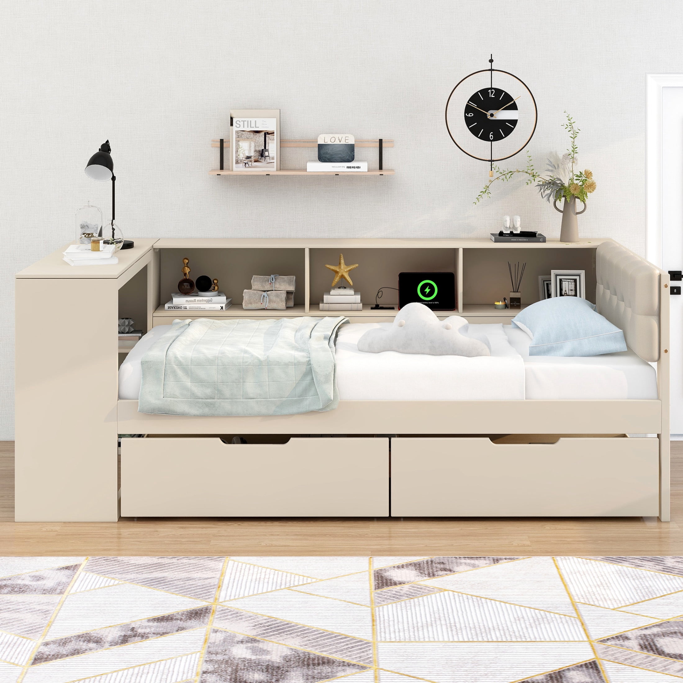 Noble House Udolf Twin Platform Bed with Upholstered Headboard, Storage Shelves and Drawers, Charging Station, Cream