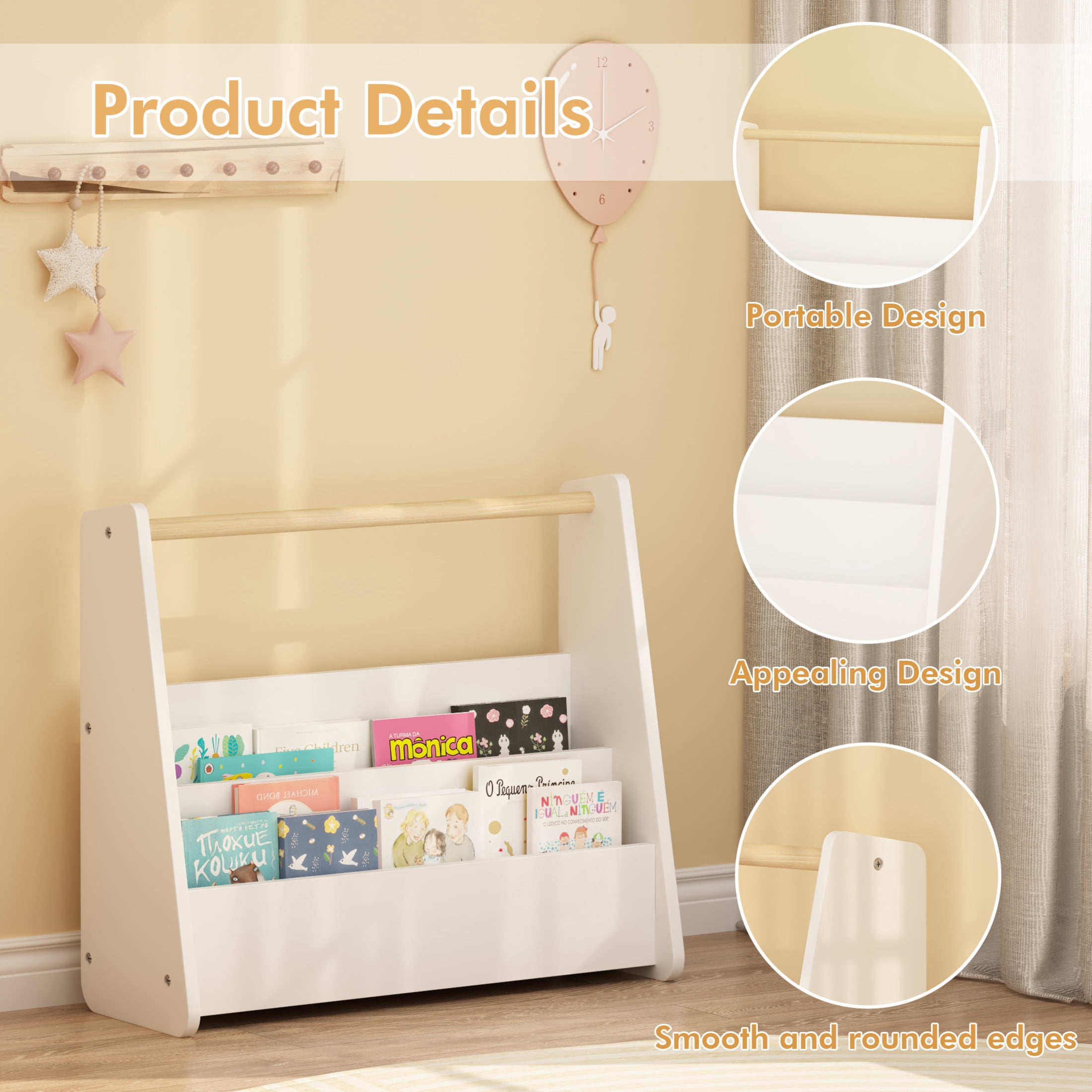 Noble House Prix 2-Tier Front-Facing Toddler Bookshelf with Portable Wooden Handle, Kids Book Storage Organizer, White