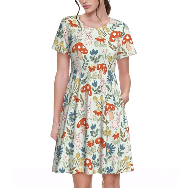 Balery Garden Of Little Bunnies Vestidos sueltos de manga corta para mujer, vestidos de verano 2025, vestidos casuales de corte A con vuelo.