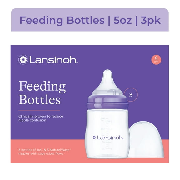 Lansinoh Anti-Colic Baby Bottle for Breastfeeding Baby, Baby Formula Feeding, 5oz, 3pk, Slow Flow Nipples, Size S