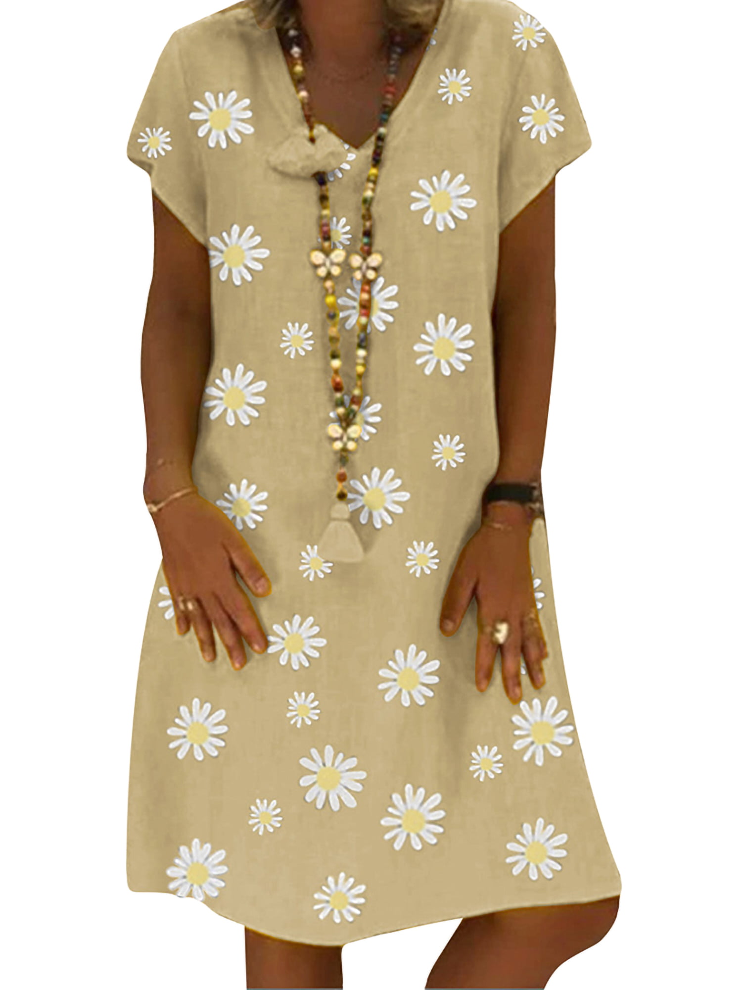Tunic  Women Boho Short Sleeve Summer Floral Dress Sundress Holiday Midi V Neck
