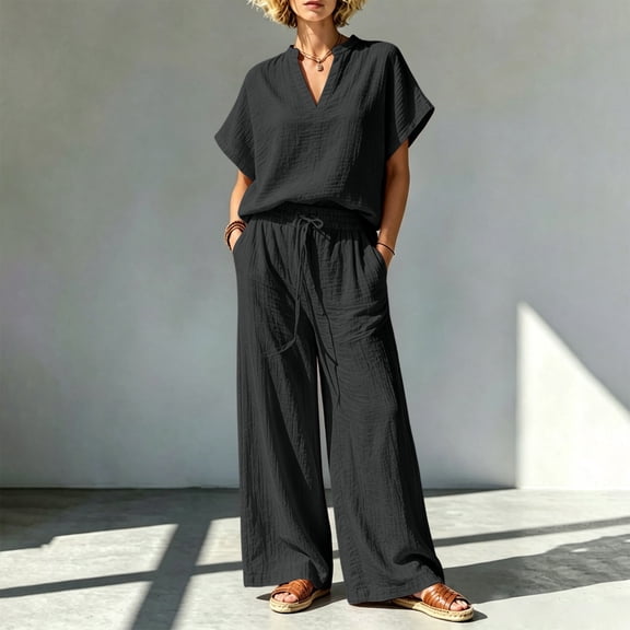 IUYRTFE Women V Neck Short Sleeve Top and Wide Leg Pants Set Casual 2 Piece Lounge Outfit