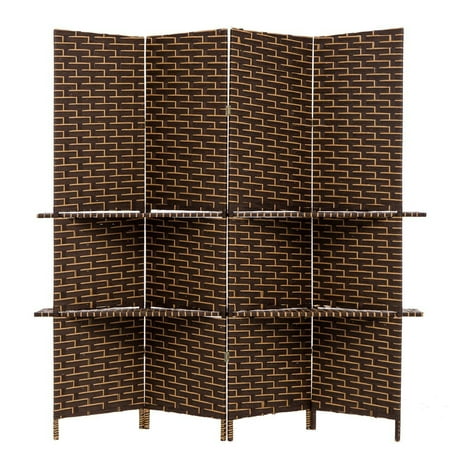 Four Panel Wall Screen - THY COLLECTIBLES Freestanding Woven Bamboo 4 Panels Hinged Privacy Panel Screen Partition Wall With 2 Display Shelves Holding Room Divider With Shelves-Bamboo (Coffeebrown)
