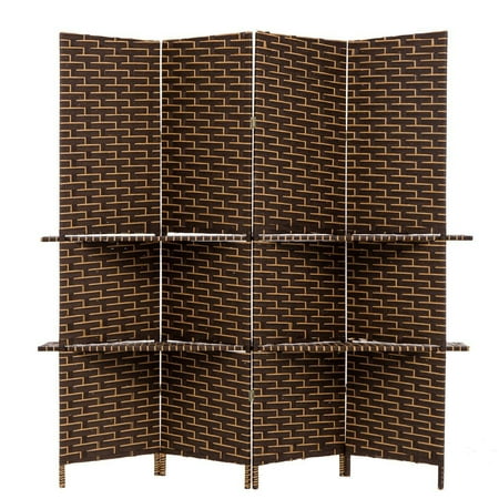 THY COLLECTIBLES Freestanding Woven Bamboo 4 Panels Hinged Privacy Panel Screen Partition Wall With 2 Display Shelves Holding Room Divider With Shelves-Bamboo (Best Bamboo For Privacy Wall)