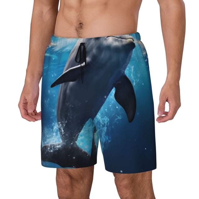 Balery Ice Blue Ocean Cute Dolphin Bañador para hombre, shorts de playa de secado rápido con entrepierna y forro de compresión-Large