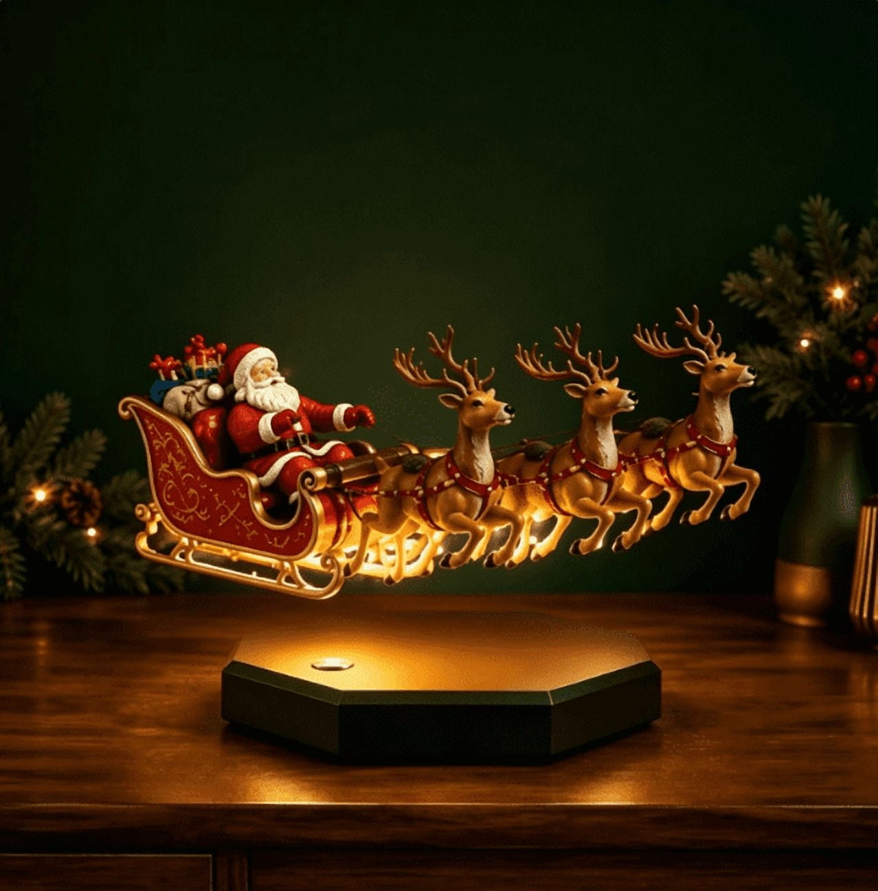 LED Lighted Floating Santa Sleigh With 4 Reindeer, Magnetic Flying Sleigh Christmas Ornament, Striking Decor For Indoor Holiday Party
