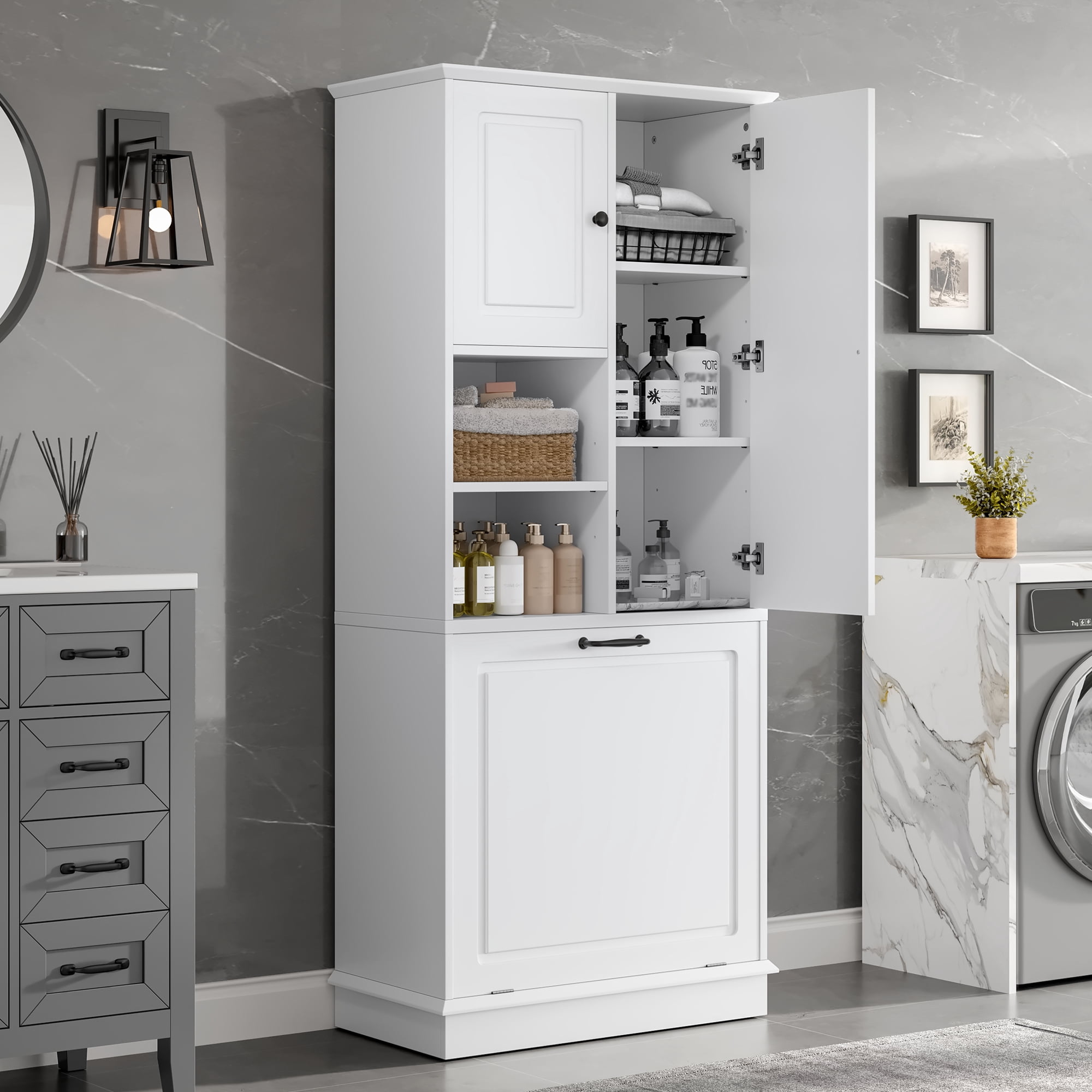 Euroco Tall Storage Cabinet with Adjustable Shelves, Large Flip-Out Basket & Enclosed Cabinets – Perfect for Bathroom, Living Room, or Office, MDF Material with Aluminum Alloy Handles