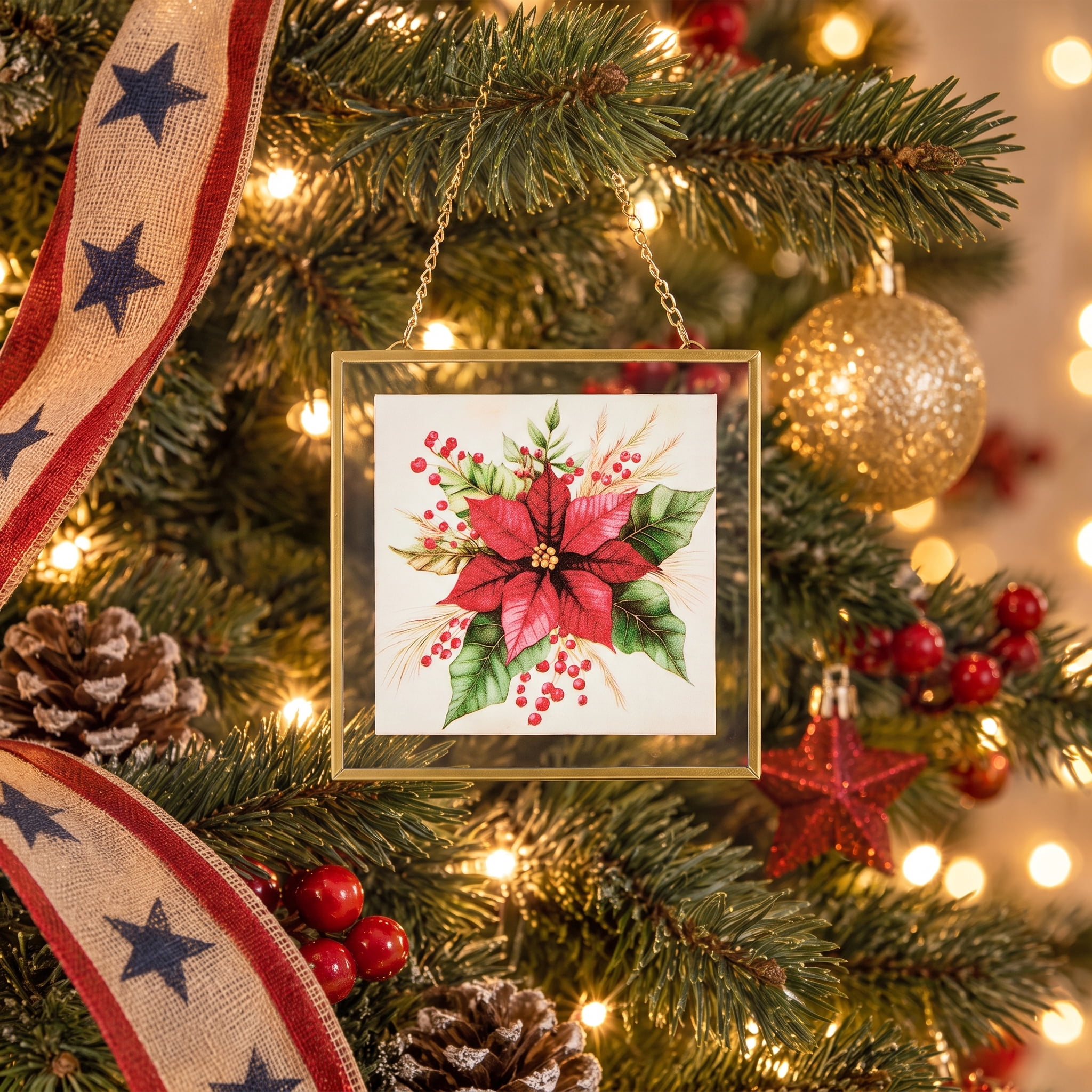 Multicolor Poinsettia Artwork Christmas Ornament, 4.8", by Holiday Time