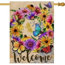 Welcome Summer Flower Wreath Home Decorative House Flag, Daisy Floral Garden Yard Vintage Butterfly Decor Outside Decorations, Spring Farmhouse Outdoor Large Burlap Flag Double Sided 28 x 40