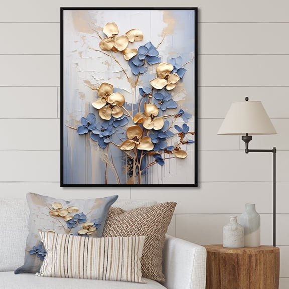Designart "Ornate Blue And Gold Violets II" Violets Floater Framed Wall Art Prints