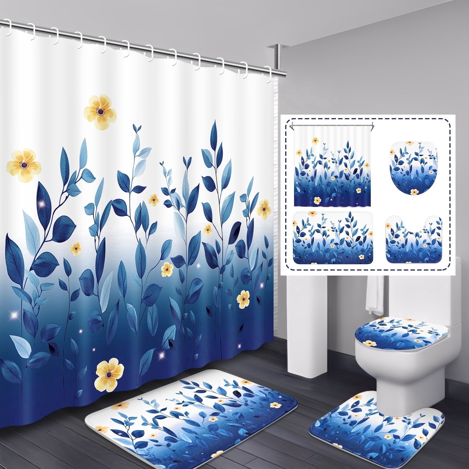 FRAMICS 16-Piece Ombre Floral Shower Curtain Sets with Rugs, Blue Eucalyptus Leaves Bathroom Sets, Waterproof Fabric Bathroom Curtain Decor with Hooks