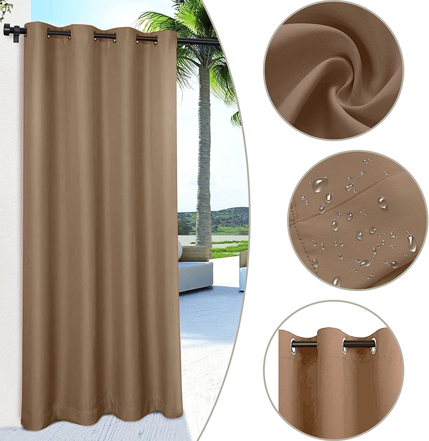 (4 Panel) Gazebo Patio Outdoor Curtains -Waterproof Garden Blackout Thermal Insulated Sun Shades Grommet Privacy Curtain for Pergola Porch, Brown, W52 x L108 in