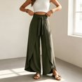 thumbnail image 2 of Morttic Women's High Waist Wide Leg Pants – Tie Waist Slit Design Solid Loose Boho Summer Beach Vacation Flared Trousers Olive Green，XXL, 2 of 6