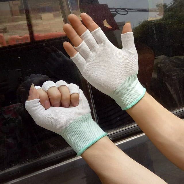 Guantes de conducción finos de nailon para protección laboral, de dos dedos y medio dedo, de color negro puro, para hombres y mujeres