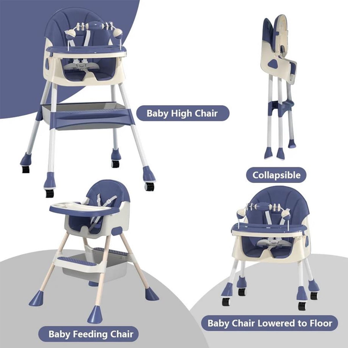 PUEDO 4-in-1 Baby High Chair Portable Toddler Dining Chairs Eat & Play Convertible Highchair with Adjustable Tray, Blue