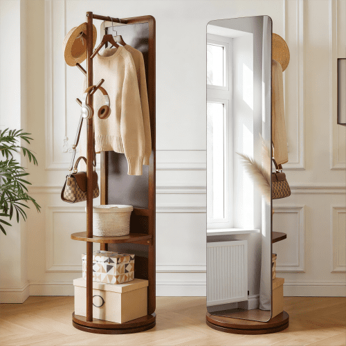 DRNANLIT 70"x19" Coat Rack with Mirror, Solid Wood Stand, Swivel HD Glass Coat Rack Mirror for Bedroom, Living Room, Cloakroom,Walnut