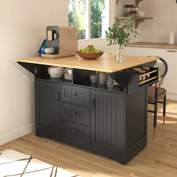 DAJU 55.7'' Kitchen Island with 2 Drop Leaf for 4-6 Seating,Rolling Kitchen Cart on 5 Wheels with Power Outlet,Folding Dining Table with Spice & Towel Rack,3 Drawers,for Kitchen,Black(Two Packages)