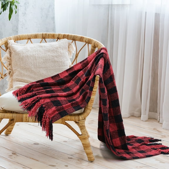 REGALWOVEN Chenille Throw Blankets with Fringe Tassel, Plaid Velvety Soft Throws  for Couch Sofa Chair Bed Living Room Black and Madder Throw