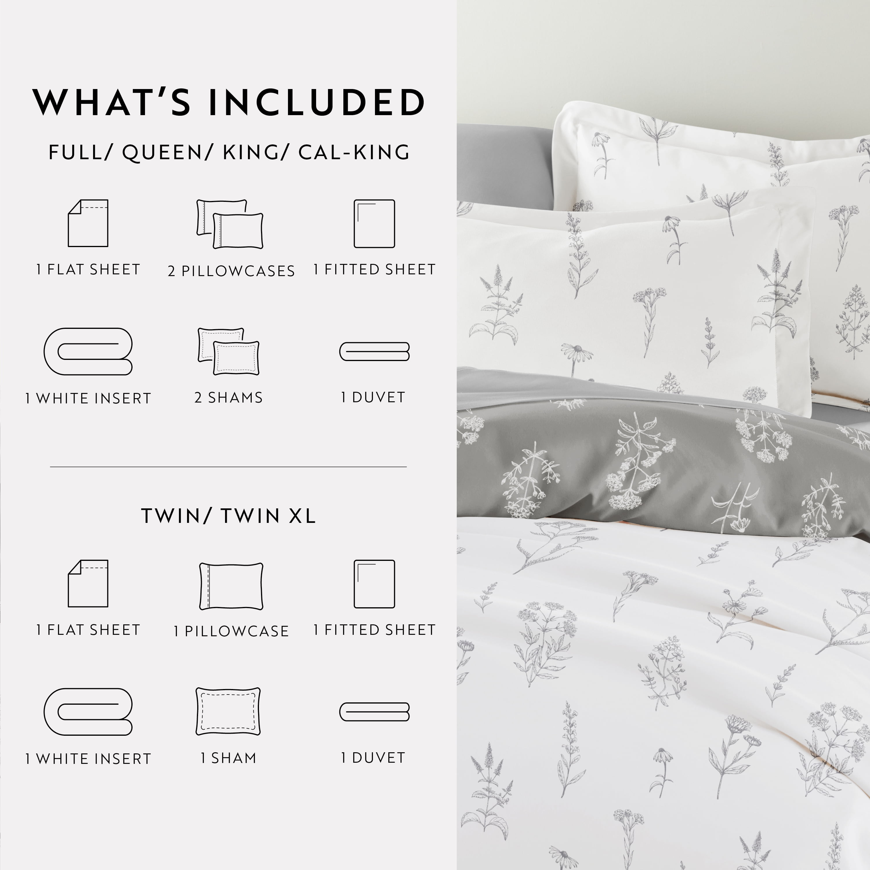 Noble Linens 7 Piece Patterned Duvet Bedding Bundle, Botany Floral Gray, Twin
