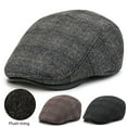thumbnail image 2 of Opolski Plaid Print Earflap Thickened Fleece Lining Short Brim Beret Hat Winter Flat Peaked Mid-aged Men Painter Forward Hat Grey, 2 of 8