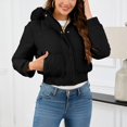 thumbnail image 2 of felwors Womens Trendy Winter Coat Lamb Fur Leather Cropped Lambswool Biker Jacket Lapel Zipper Bomber Aviator Coat Black, XL, 2 of 7
