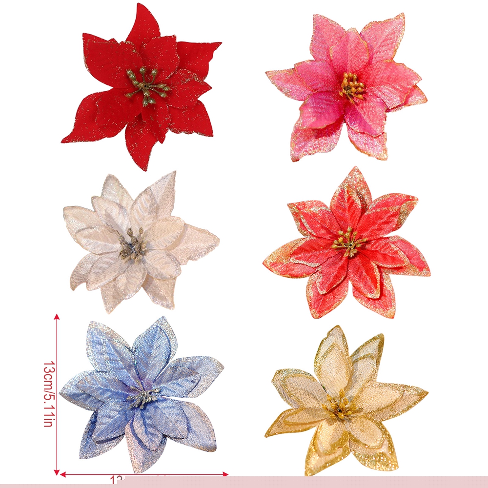 thumbnail image 3 of Artificial Glitter Flower Poinsettia Flowers For Christmas Tree Ornament Home Wedding Party Floral Décor,12PCS, 3 of 3