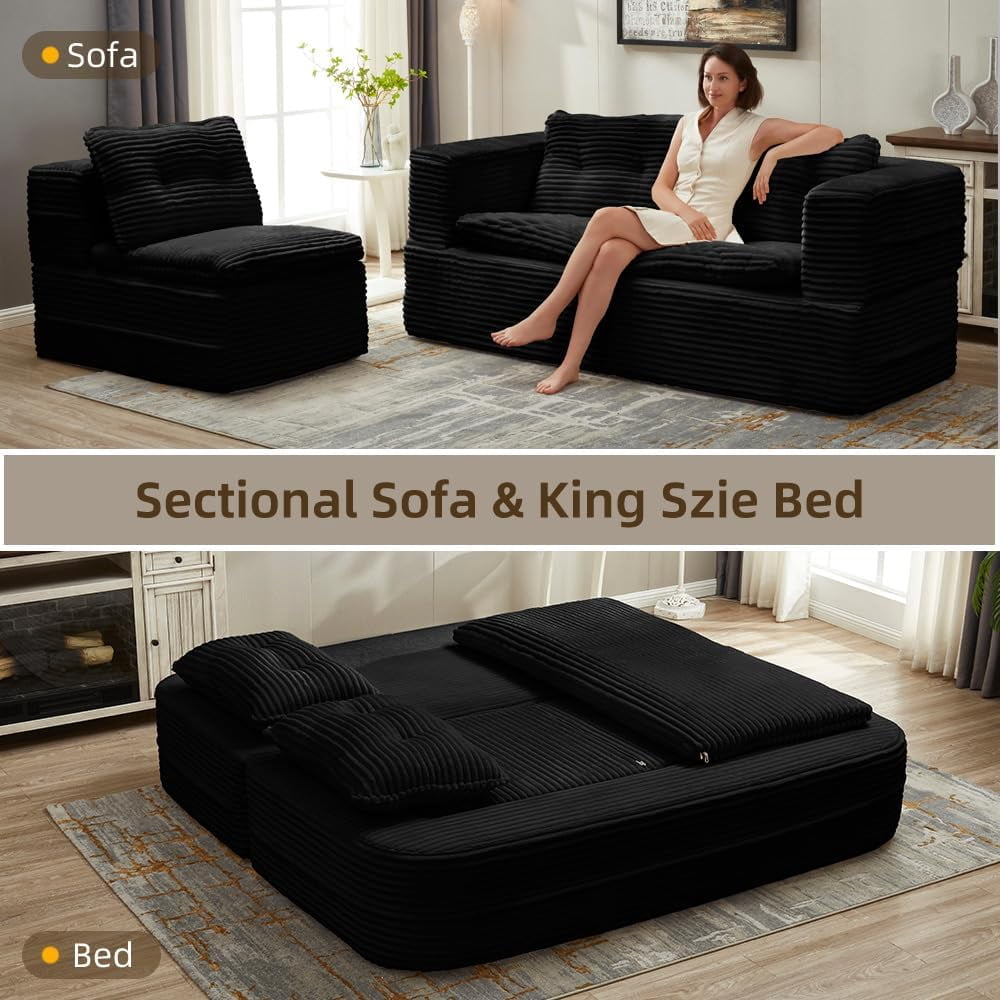 80" Folding Sofa Bed King Sleeper Sofa with Chaise Lounge, 2-in-1 Convertible Corduroy Boneless Couch with Blanket, Modern Loveseat Couches for Living Room, No Assembly Couch, Black