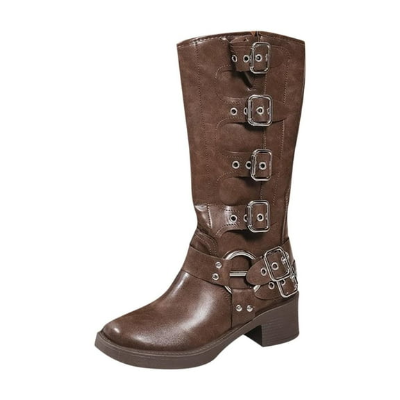 KEGIRLOM Women's Fashion Casual Winter Style Belt Buckle Thigh High Boots Solid Color Round Square Toe Cover Legs Low Heel Heel Knee High Boots Brown 8.5