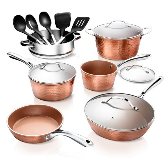 GOTHAM STEEL Hammered 15 Pc Ceramic Cookware Set Nonstick Copper Pots and Pans Set Non Stick for Kitchen with Utensils Deep Pots and Pans for Cooking Non Toxic Cookware Sets Oven & Dishwasher Safe