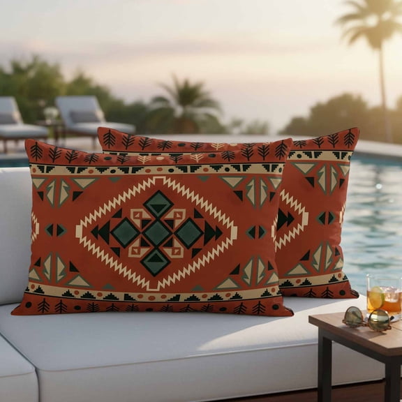 Orange Western Outdoor Pillow Covers 20x12 Inch Lumbar Pillow Covers Set of 2 Waterproof Decorative Throw Pillow Cases Southwestern Geometric Ethnic Cushion Covers for Patio Furniture Garden Couch