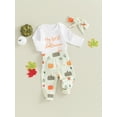thumbnail image 3 of vera natura Baby Girls 3 Piece Outfit Halloween Letter Print Long Sleeves Romper and Pumpkin Pants Headband Cute Clothes, 3 of 9