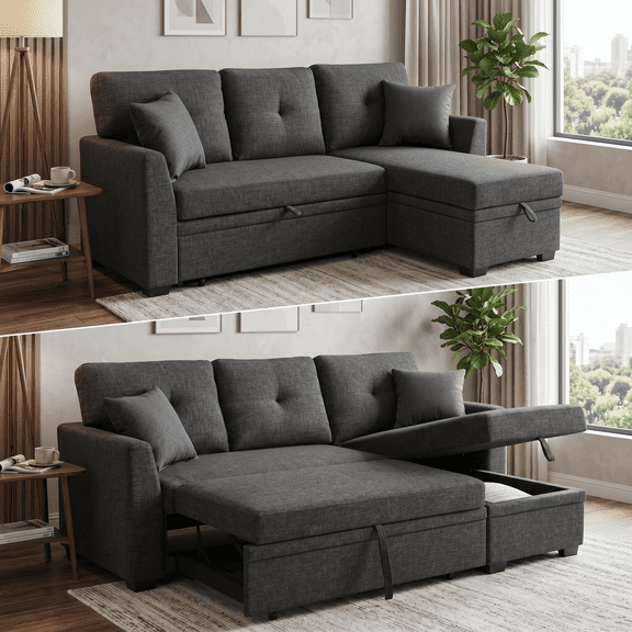 Convertible Sleeper Sofa Bed, 76.5" L Shaped Sectional Couch with Pull Out Bed, Storage Chaise & Reversible Lounge, Compact Linen Sectional Sofa for Small Space Apartment Living Room, Charcoal Black