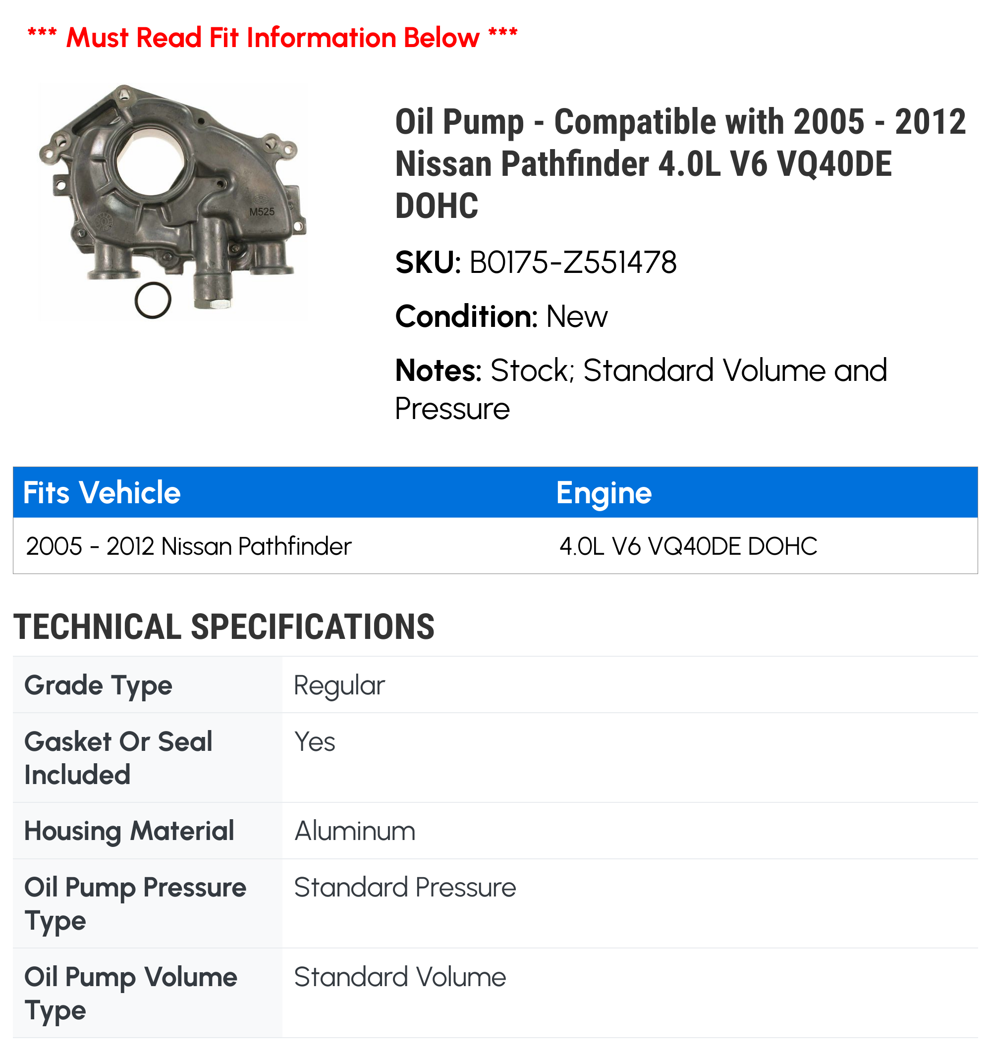 Oil Pump - Compatible with 2005 - 2012 Nissan Pathfinder 4.0