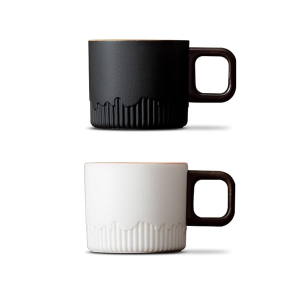 Set of 2 Ceramic Espresso Cups with Wooden Handle, 2.7 Oz/80 ml Porcelain Coffee Mug, Demitasse Tea Cup, Yerba Mate Cup for Latte Cappuccino Mocha Coco (Black & White)