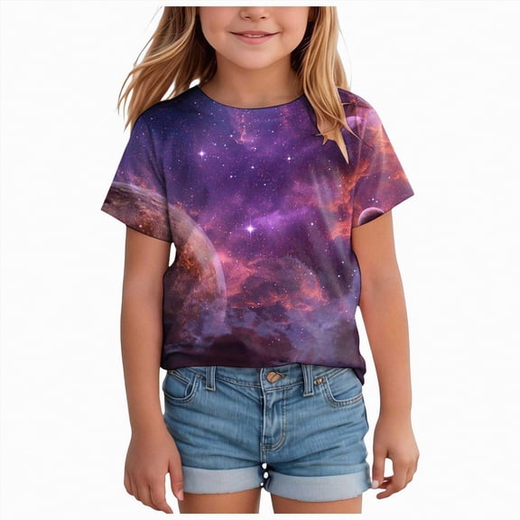 UAYOTSE Girl's Graphic Tees Kids Cute Shirts Nebula Slogan Loose Fit Casual Summer Tops,Sizes 6-7 Years