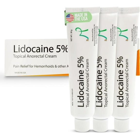 Maximum Strength 5% Lidocaine Hemorrhoid Treatment Cream for External and Internal Hemorrhoids Treatment Burn Itch Pain Relief Topical Anorectal Cream - 30 Gram Tube Made in USA 3PK