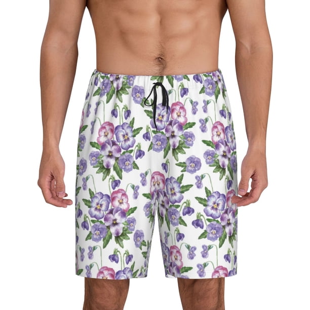 Balery Violets Flowers Pantalones cortos de pijama de punto de algodón para hombre con cinturilla y bolsillos-Large
