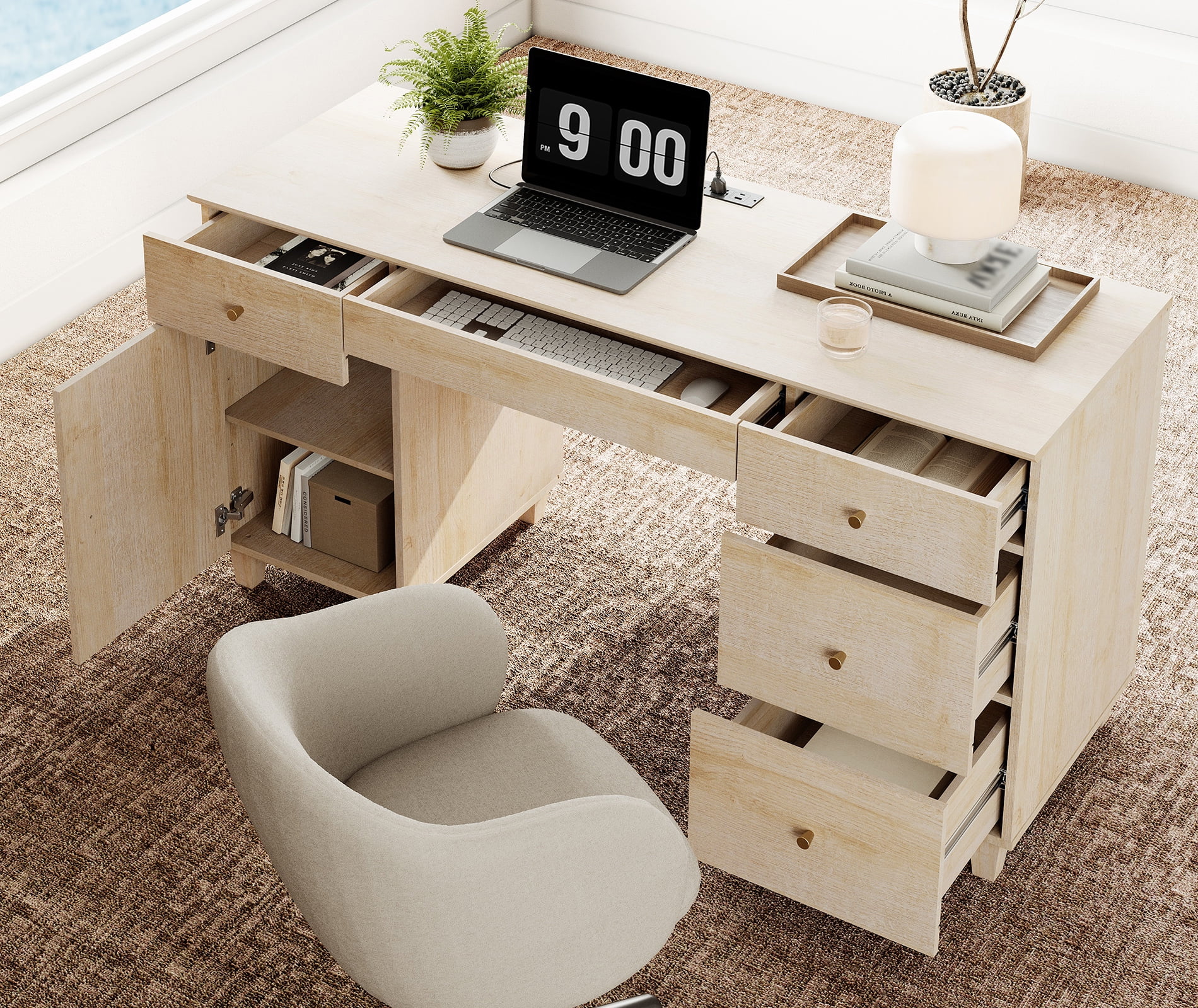 58" Executive Desk with 5 Drawers and 1 Door, Modern Farmhouse Home Office Computer Table with Charging Station, Light Oak